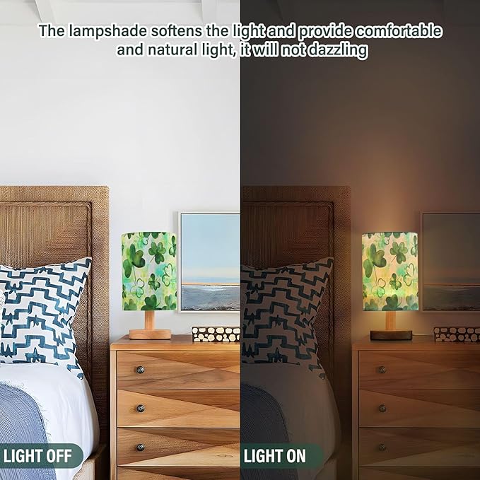 Clover Irish Shamrock on Patchwork St Patricks Day Table Lamp with Wood Base Fabric Lamp Shade Bedside Nightstand Desk Lamp for Living Room Bedroom Kids Room Office