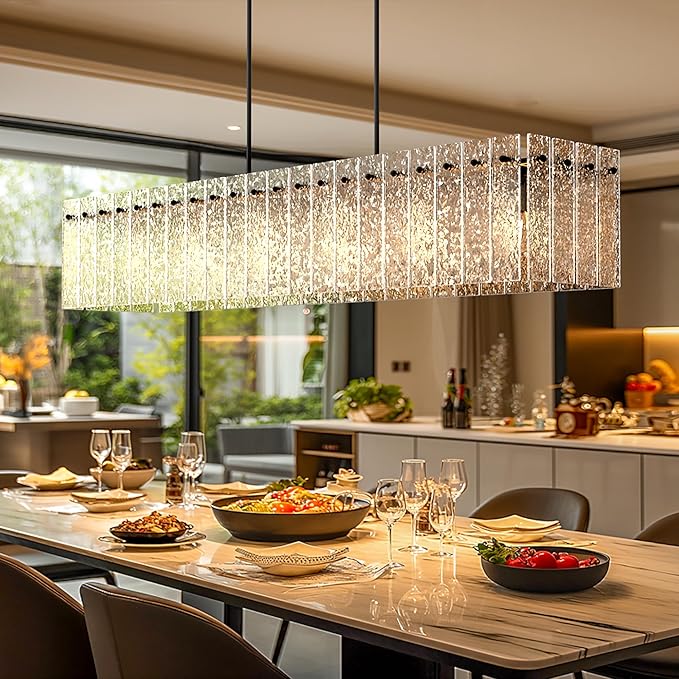 Modern Black Rectangle Chandelier, 48" Dining Room Chandelier with Water Ripple Glass, Linear Crystal Chandeliers for Dining Room, Living Room, Kitchen Island