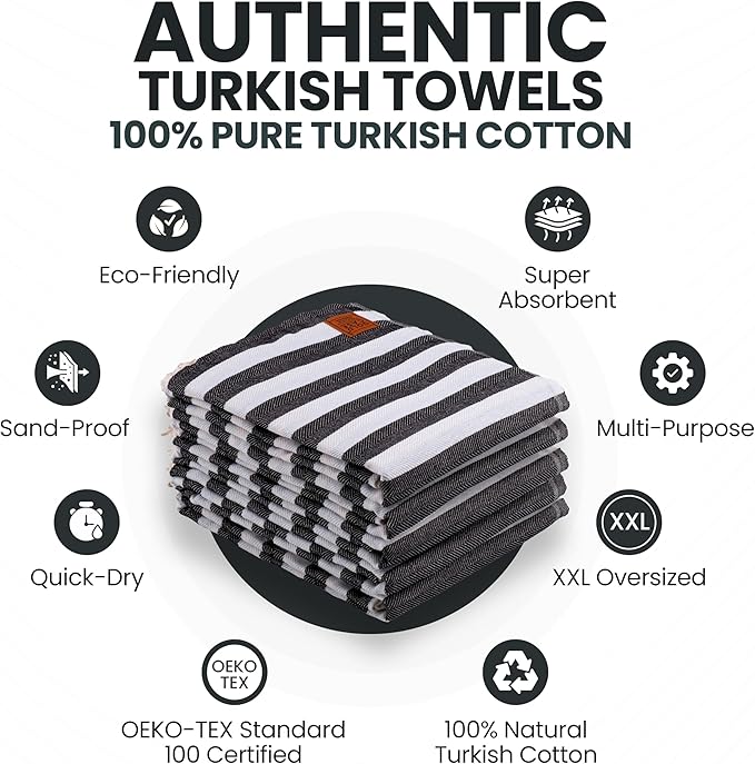 Gold CASE Turkish Beach Towel Set of 5 – 100% Cotton Beach Towels Oversized 70x38'' – MYRA Quick Dry Swim Towel – Lightweight Turkish Towels Set in Black