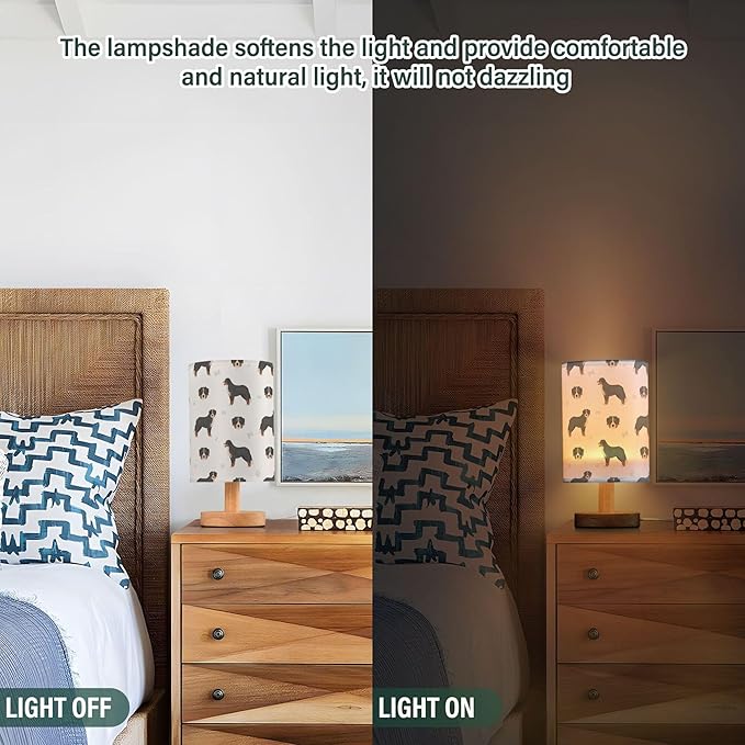 Bernese Mountain Dog Pattern Table Lamp with Wood Base Fabric Lamp Shade Bedside Nightstand Desk Lamp for Living Room Bedroom Kids Room Office