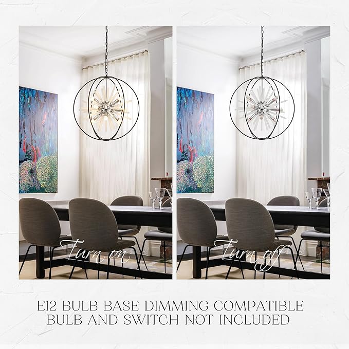 23.6" Black Chrome 9-Light Globe Sputnik Chandelier Modern Adjustable Hanging Ceiling Glass Tube Pendant Light Fixture for Entryway Foyer Staircase Dining Living Room Hallway