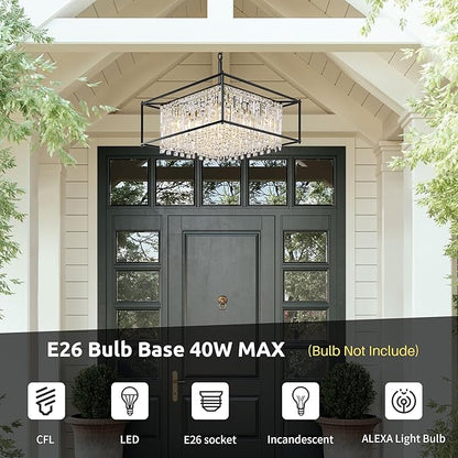 24" Modern Chandeliers for Dining Room,Black Crystal Chandelier, Adjustable Chain Length,5-Light Pendant Light Fixture for Kitchen Island Living Room Entryway Foyer Flat and Inclined Ceiling