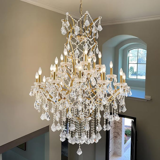 24 Lights Large Crystal Chandeliers for High Ceilings Brass Maria Theresa Chandelier Modern Chandelier Light Fixture for Foyer Living Room Hallway Entryway Staircase 55.1" H x 39.4" D