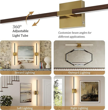 Rayogale 40 Inch Rechargeable Battery Operated Wall Sconce Set 2, 8000mAh Cordless, 3000K/4500K/6000K, Dimmable, Remote, Touch Control, 360° Rotation for Living Room Gold Walnut 2 Pack
