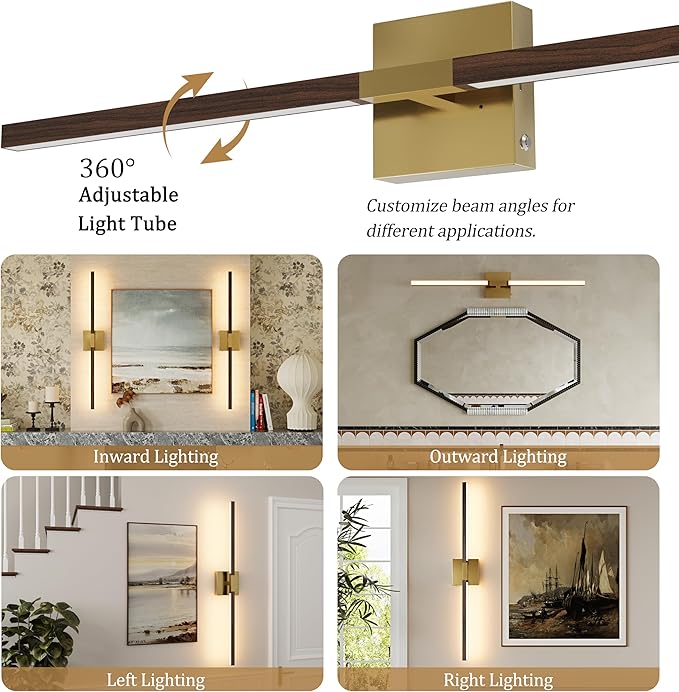Rayogale 36 Inch Rechargeable Battery Operated Wall Sconce Set 2, 8000mAh Cordless, 3000K/4500K/6000K, Dimmable, Remote, Touch Control, 360° Rotation for Living Room Gold Walnut 2 Pack