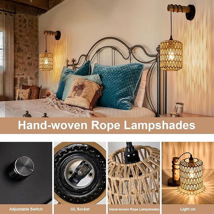 Boho Wall Sconces Set of 2 Rattan Wall Sconce Dimmer Wall Lamp Light Fixtures with Cord Wicker Hanging Wall Mount Light for Bedroom Living Room