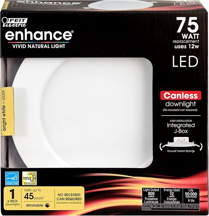 Feit Electric 5-6" LED Canless Recessed Downlight with Integrated J-Box, 75W Equivalent, Dimmable, 3000K Bright White, 800 Lumens, Easy No-Can Installation for Home & Commercial, LEDR56JBX/930, 1 Pack