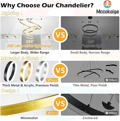 31.5" 3 Ring Modern Led Pendant Light Gold Modern Led Chandelier Contemporary Ring Chandeliers Dimmable Chandeliers Color Temperature Adjustable Height Hanging Chandelier for Living Room