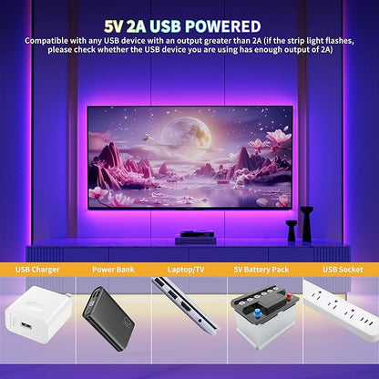 PAUTIX 5V USB COB RGB LED Strip Light 9.84ft/3m Color Changing Light Strips,TV Backlight Multicolor Flexible Under Cabinet Tape Lights with Bluetooth Control for Bedroom,Kitchen,Home DIY Lighting
