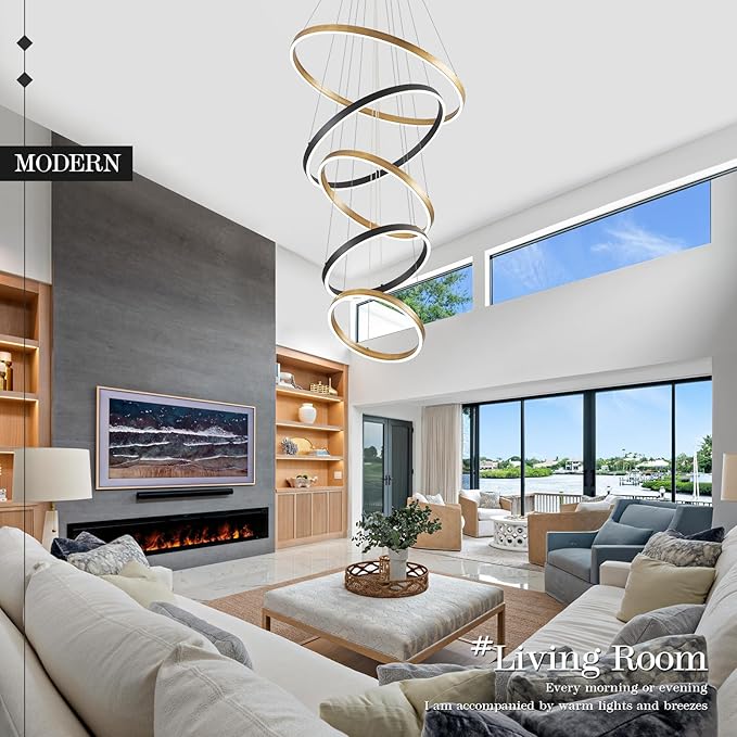 LED 5-Ring Chandelier Modern Vintage Gold Chandelier with Remote Control High Ceiling Foyer Chandeliers Light Brass Circle Round Chandeliers for Living Room Entry Motel,100W