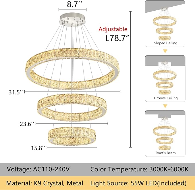 Modern Crystal Chandelier 55W Dimmable LED Chandeliers with Remote Luxury Height Adjustable Pendant Lighting for Living Room Dining Room Silver