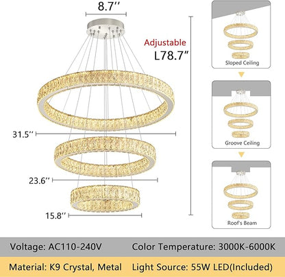 Modern Crystal Chandelier 55W Dimmable LED Chandeliers with Remote Luxury Height Adjustable Pendant Lighting for Living Room Dining Room Silver