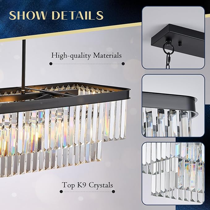 L40” Large Modern Rectangular Chandeliers 12 Lights Luxury K9 Crystal Ceiling Pendant Light Fixture Modern Black Long Chandelier for Kitchen Island Dining Room Living Room Bar
