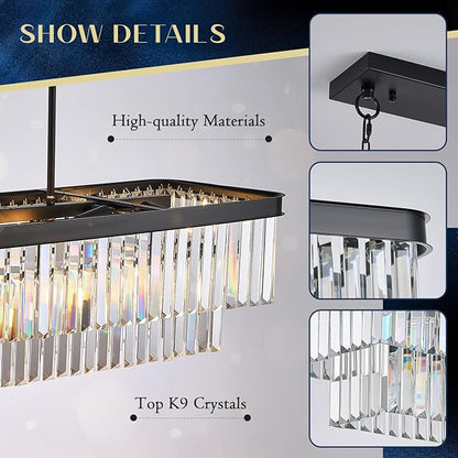 L40” Large Modern Rectangular Chandeliers 12 Lights Luxury K9 Crystal Ceiling Pendant Light Fixture Modern Black Long Chandelier for Kitchen Island Dining Room Living Room Bar