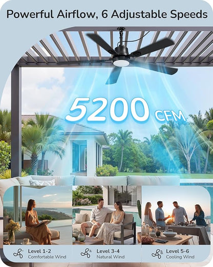 EDISHINE 52" Outdoor Ceiling Fan with Light, IP66 Waterproof Gazebo Hanging Fan, 5200 CFM, 3CCT, APP/Remote Control, 5 Wood Blade, 6-Speed Winds, Plug in Ceiling Fans for Patios Porch Pergola, Black