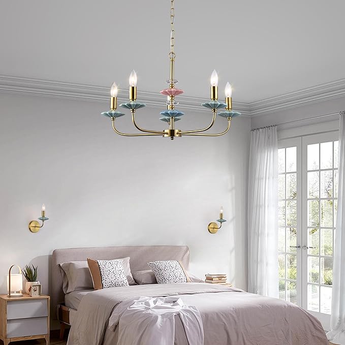 Gold Chandeliers for Dining Room Light Fixture Over Table,5-Light Art Deco Chandelier, Modern Retro Candle Chandelier with Ceramic,Farmhouse Chandelier for Girls Bedroom，Living Room, Foyer