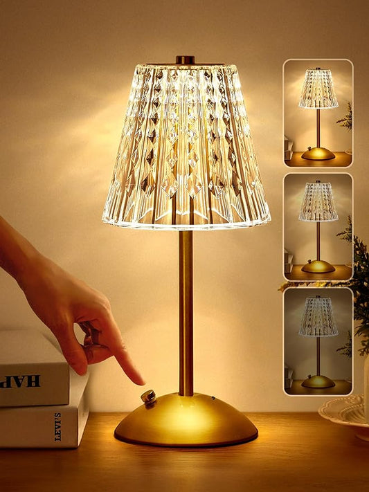 Crystal Cordless Lamp, Dimmable+3 Colors Rechargeable Lamp, Touch+2000mAh Battery Operated Vintage Ambient Light for Kitchen/Bedroom/Bathroom Shower, College Gifts, Mothers Day Gifts for Wife Daughter