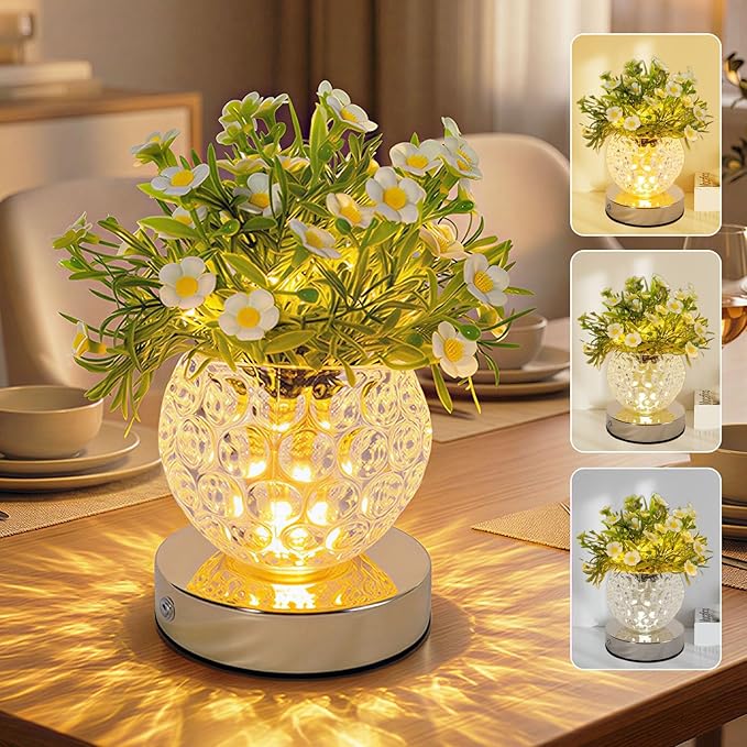 Flower Table Lamp, 3-Color Touch Dimming Heronsbill Glass Night Light, Rechargeable Artificial Flower Light, Desktop Ambient Light Romantic Gifts for Girls Women Mom (White-Heronsbill)