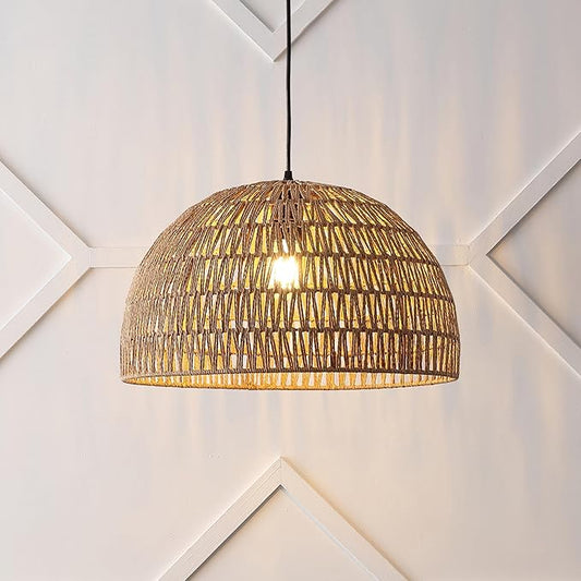JONATHAN Y 20" Brown Modern Bohemian Woven Rope LED Pendant Light Fixture, Adjustable Dome Ceiling Lamp for Kitchen Island, Rope Shade, Coastal Farmhouse Decor (JYL6504F)