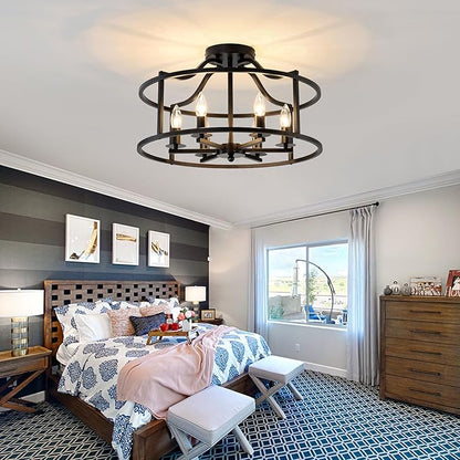 UOFUS Black Farmhouse Chandelier 6-Light Metal Dining Room Light Fixture Modern Industrial Semi Flush Mount Ceiling Light Fixture for Kitchen Island Bedroom Entryway Hallway Foyer E12 Base