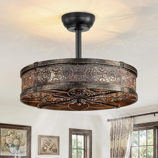 LEDIARY Farmhouse Chandelier Ceiling Fan with Light,20 Inch Black Gold Caged Enclosed Bladeless Fan Lights Ceiling Fixtures,Vintage Victorian Rustic Fandelier for Indoor,Kitchen,Bedroom,Living Room