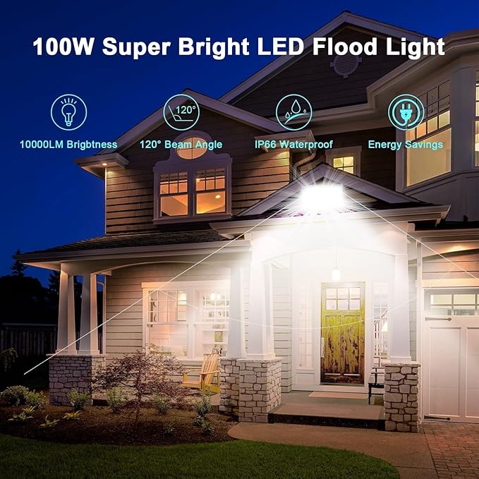 LED Flood Lights, 4 Pack 100W Outdoor Floodlights with Plug, 10000 Lumens 6500K Super Bright Plug in Flood Light, IP66 Waterproof Exterior Security Lights for Garden, Yard, Garage, Porch, Playground