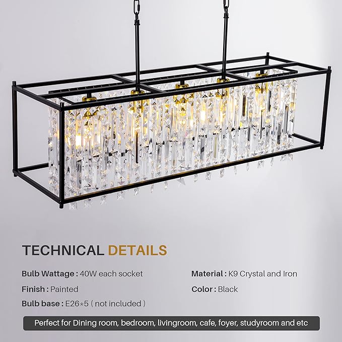 Crystal Chandeliers for Dining Room, Modern Black Chandelier for Living Room, Adjustable Height, 5-Light Pendant Light Fixture, Rectangle Lighting for Kitchen Island Living Room-L35.4"
