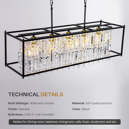 Crystal Chandeliers for Dining Room, Modern Black Chandelier for Living Room, Adjustable Height, 5-Light Pendant Light Fixture, Rectangle Lighting for Kitchen Island Living Room-L35.4"