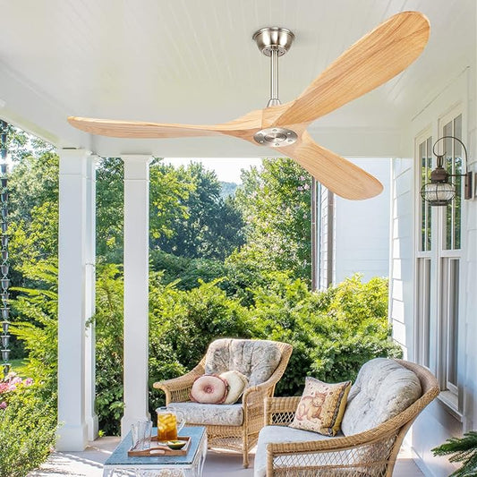 60” Ceiling Fans Without Lights, Wood Ceiling Fan with Remote Control No Light, Outdoor Propeller Ceiling Fan with 3 Blades,Brushed Nickel Outdoor Ceiling Fans for Patios (Nature Wood)