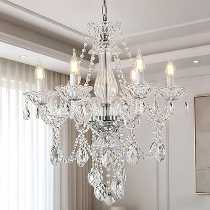 Modern Crystal Chandelier with 6 E12 Sockets, Adjustable Chain, Elegant K9 Crystal Lighting Fixture for Living Dining Room, Foyer