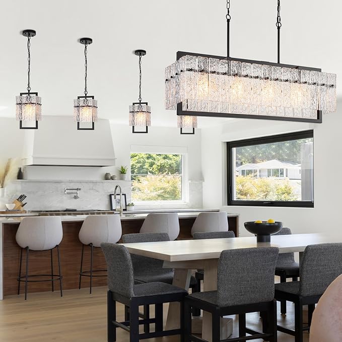 Modern Large Rectangle Chandeliers for Dining Room, 4 Lights Black Crystal Kitchen Island Lighting with Water Ripple Glass, Linear Farmhouse Pendant Light Fixture Over Table UL Listed