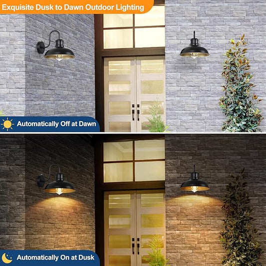 TOBUSA 2-Pack Dusk to Dawn Outdoor Wall Lights, 10’’ Waterproof Farmhouse Gooseneck Outdoor Barn Light, Anti-Rust Vintage Black&Gold Outside Wall Sconce Lights for House Porch Garage