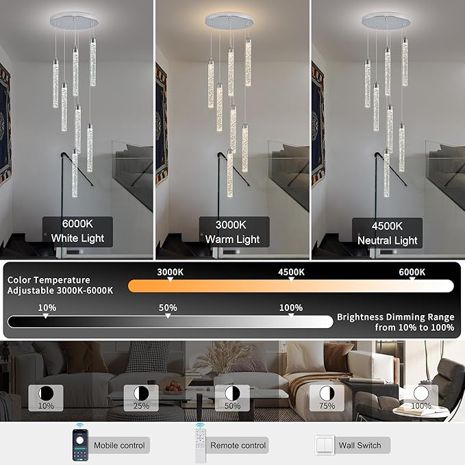 Crystal Staircase Chandelier, Modern Chrome Spiral Dimmable LED Cluster Raindrop Foyer Chandelier Lighting, Bubble Living Room Hanging Light Fixture 7 Light Remote Control