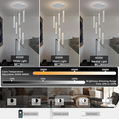 Crystal Staircase Chandelier, Modern Chrome Spiral Dimmable LED Cluster Raindrop Foyer Chandelier Lighting, Bubble Living Room Hanging Light Fixture 7 Light Remote Control