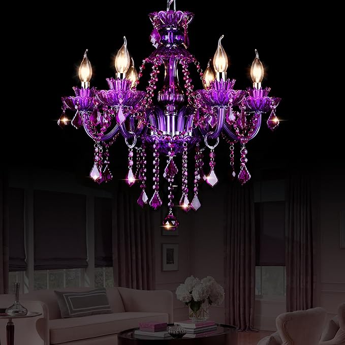 Bagood Purple 6 Lights K9 Crystal Candle Chandeliers Lighting Candle Chandelier Lighting Modern Pendant Lights Crystal Modern Chandelier for Dining Living Room Bedroom E12 Base, H22 x W23.6 Inch