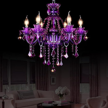 Bagood Purple 6 Lights K9 Crystal Candle Chandeliers Lighting Candle Chandelier Lighting Modern Pendant Lights Crystal Modern Chandelier for Dining Living Room Bedroom E12 Base, H22 x W23.6 Inch