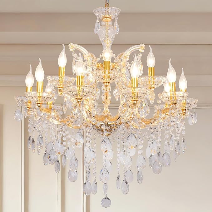 Large Crystal Chandelier for High Ceiling, 15 Lights 2 Layers Maria Theresa Crystal Chandelier Modern Luxury Gold Chandelier Lighting Fixture for Dining Room, Living Room, Foyer, Staircase