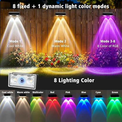echosari 8 Pack Solar Fence Lights Outdoor Waterproof, Solar Wall Lights Color Changing 100 Lumen Ultra Bright Auto ON/Off for Backyard Patio Railing Porch (3000K-6500K & RGB)