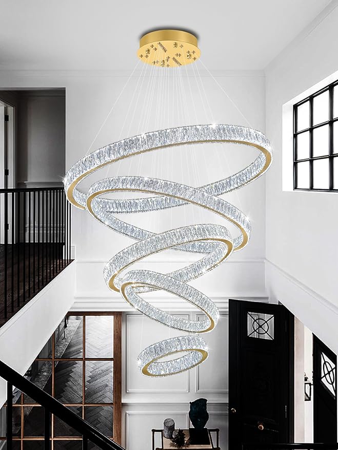 Modern 5 Ring Chandeliers for High Ceiling Foyer,Luxury Dimmable Crystal Ceiling Light Fixtures Staircase Entrance Villa Large Gold Chandelier D8''+15.7"+23.6"+31.5"+39.4"