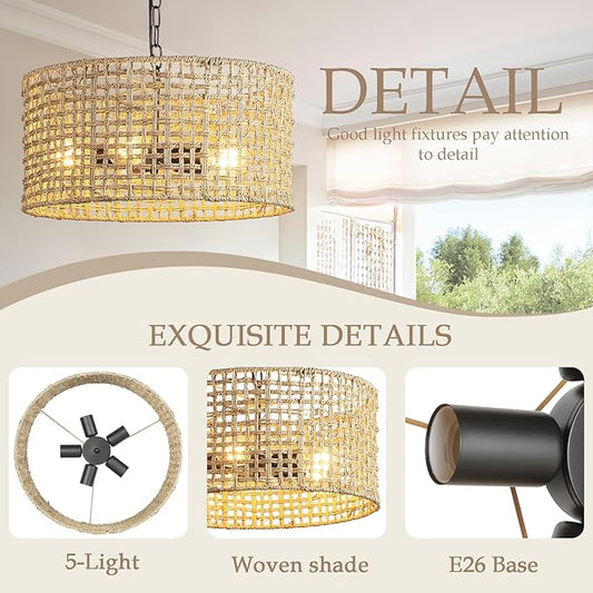 17.7" Rattan Dining Room Light fixtures, 5-Light Hand Woven Pendant Lights Kitchen Island Rattan Boho Chandelier Bohemian Hanging Ceiling Lights Wicker Lighting for Restaurants Living Room