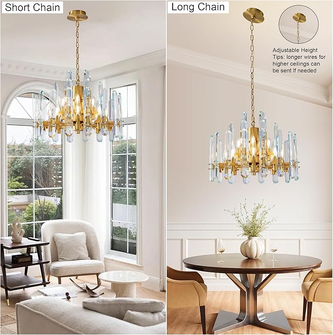 24" Modern Gold Crystal Chandelier, 12-Light Luxury Round Chandeliers for Dining Room, Living Room, Bedroom, Foyer, Entryway, Kitchen, Contemporary K9 Crystal Adjustable Chain Chandelier Light Fixture