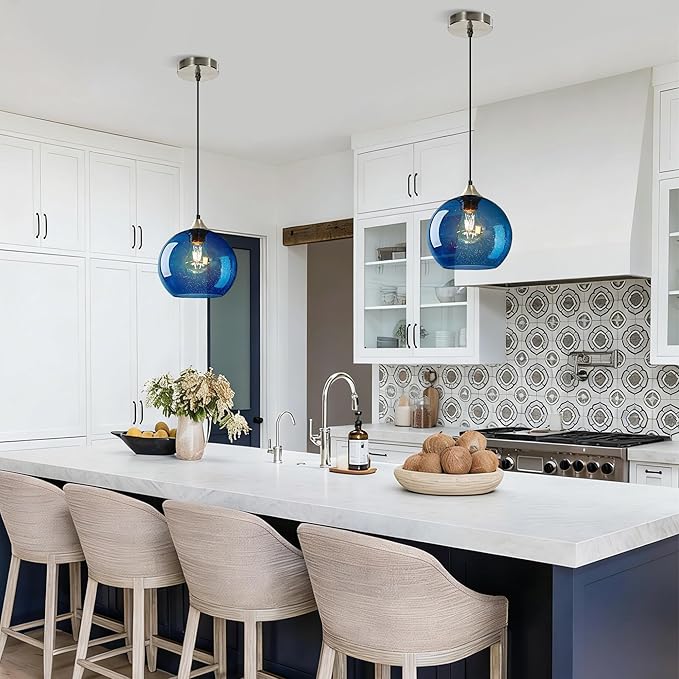 Blue Glass Pendant Light for Kitchen Island, Includes 1 Bulb & 4.92FT Adjustable Cord, Modern Pendant Lighting Fixtures for Kitchen, Dining Room, Living Room (7.1in)