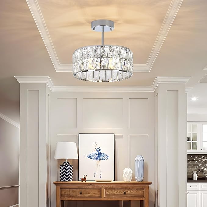 Modern Small Crystal Chandelier, 4-Light Round Pendant with Chrome Finish, Semi-Flush Mount Ceiling Light, 12" Diameter, Chrome Chandelier for Dining Areas, Kitchens & Hallways