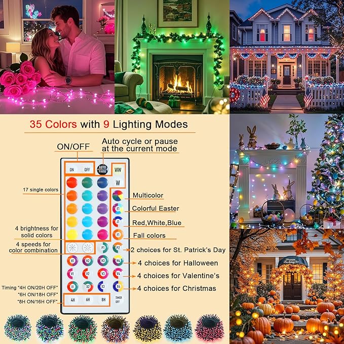 Color Changing Christmas String Lights with Remote, 4 Pack Total 66.6 FT 200 LED String Lights Indoor Outdoor Decoration, 35 Colors Twinkle Patriotic Lights for 4th of July Decorations