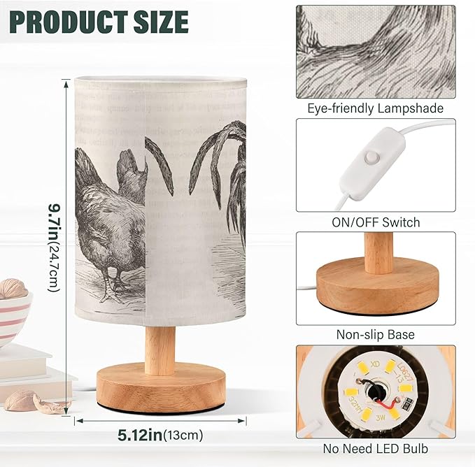 Table Lamp Retro Vintage Rooster Chicken Nightstand Lamp with Wood Base Fabric Lamp Shade Bedside Desk Lamp for Living Room Bedroom Kids Room Office
