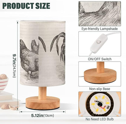 Table Lamp Retro Vintage Rooster Chicken Nightstand Lamp with Wood Base Fabric Lamp Shade Bedside Desk Lamp for Living Room Bedroom Kids Room Office