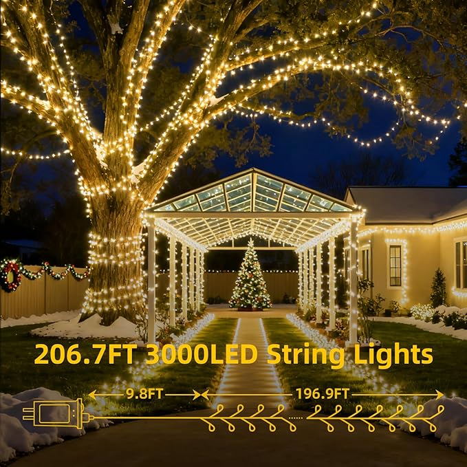 Fairy Lights Plug in 195Ft 3000LED Warm Christmas Garland Lights with Timer Remote Waterproof Firecracker Twinkle Cluster String Light for Bedroom Wreath Party Wreath Tree Decor Green Wire