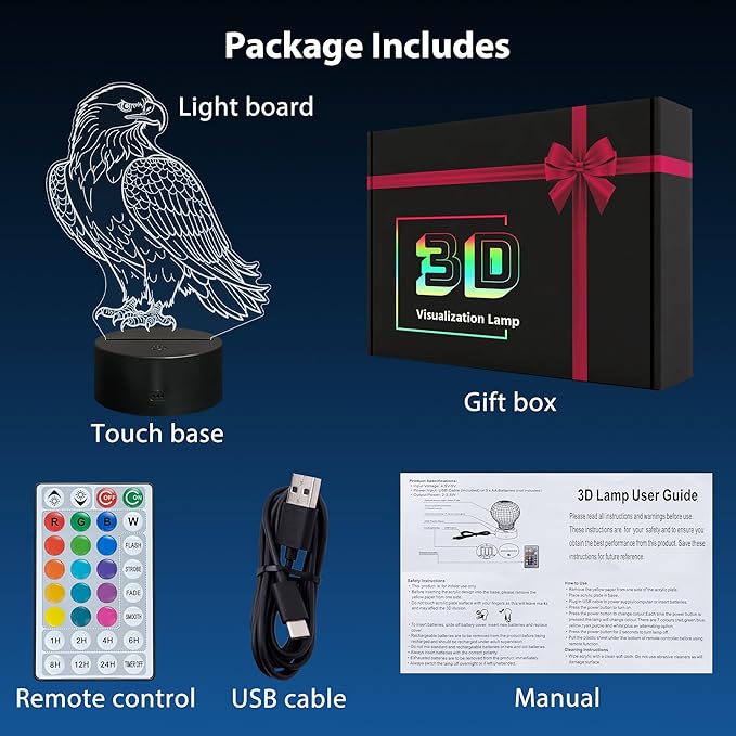 3D Illusion Eagle Night Light, Cartoon Table Lamp with Remote Control, 16 Colors, Kids Bedroom Decoration, Creative Birthday Christmas Eagle Gifts for Boys Girls