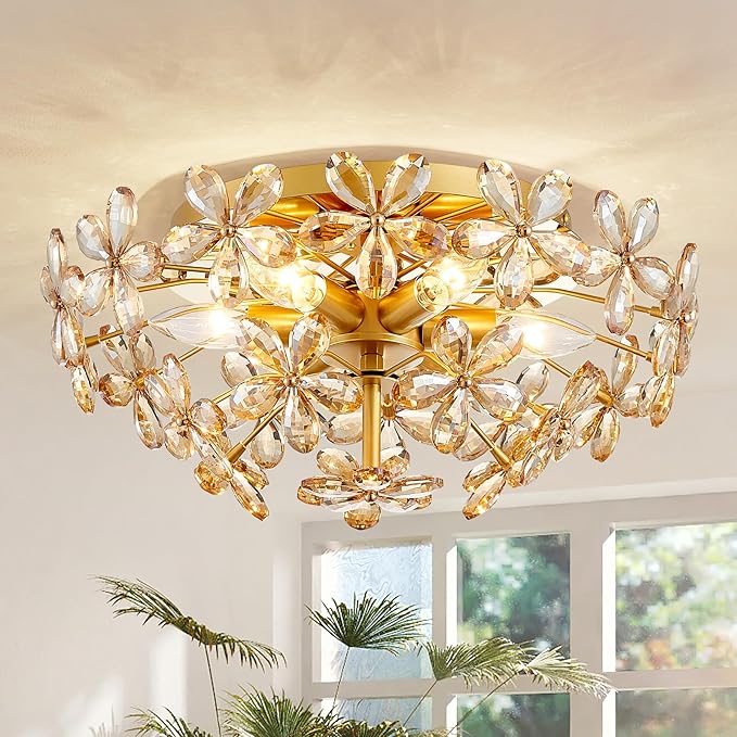 Modern K9 Crystal Chandeliers, Chic Style Close to Ceiling Light Fixture for Living Room, Bedroom, Dining Room, D18 x H8 in, Champagne Flower Crystal & Gold Finish Frame