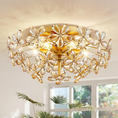 Modern K9 Crystal Chandeliers, Chic Style Close to Ceiling Light Fixture for Living Room, Bedroom, Dining Room, D18 x H8 in, Champagne Flower Crystal & Gold Finish Frame